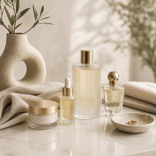 Elegant beauty and fragrance collection in warm neutral tones