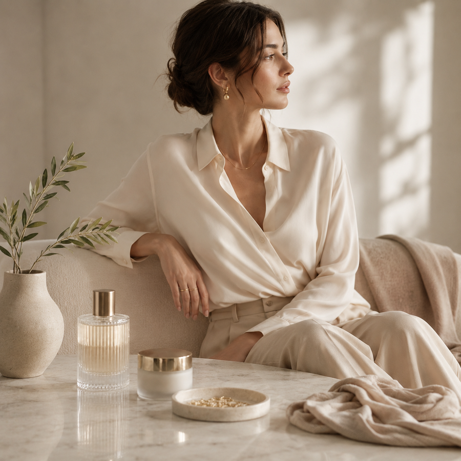 Elegant women’s lifestyle collection in a warm neutral interior