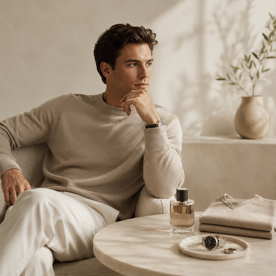 Refined men’s lifestyle collection in a soft neutral interior