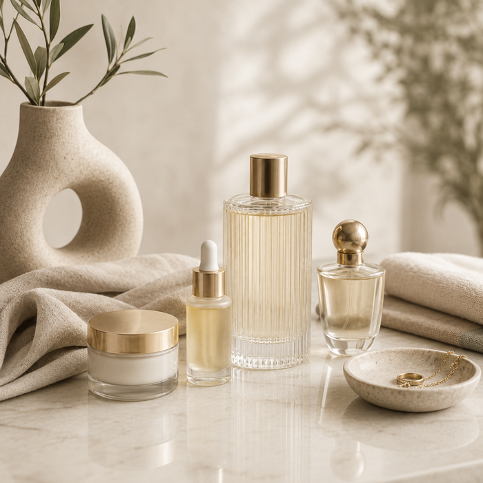 Elegant beauty and fragrance collection in warm neutral tones
