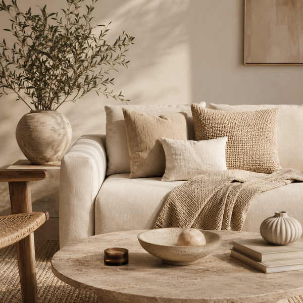 Warm modern living room featuring curated home essentials