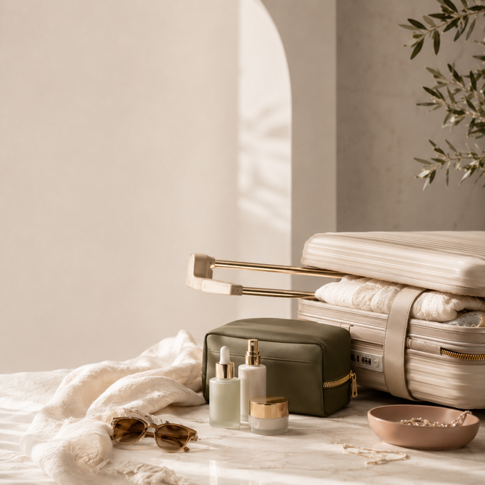 Elegant lifestyle and travel essentials in warm neutral tones