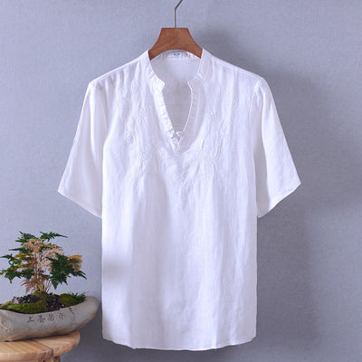 Embroidered Short-Sleeve Linen Shirt