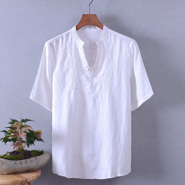 Embroidered Short-Sleeve Linen Shirt