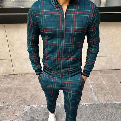 Men’s Plaid Zip-Up Tracksuit Set