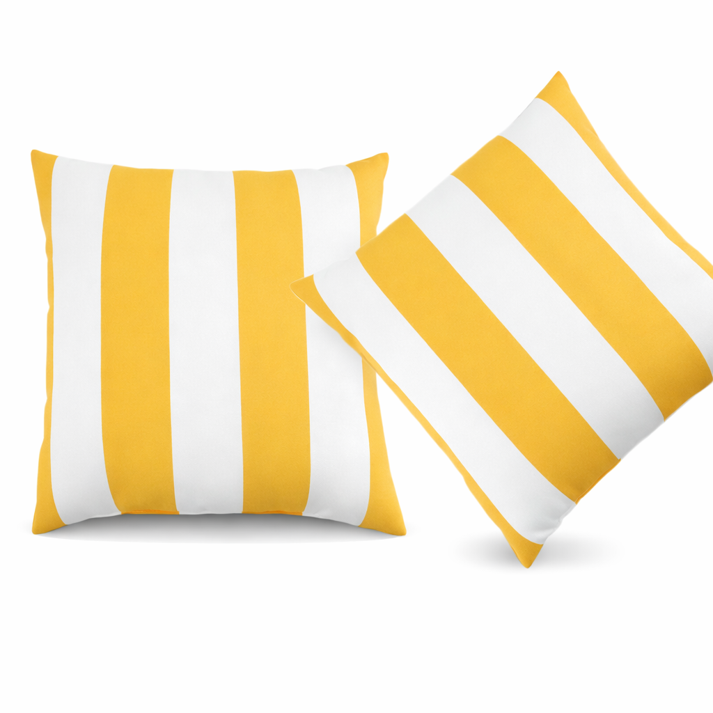 Yellow and white outdoor pillow covers for patio seating